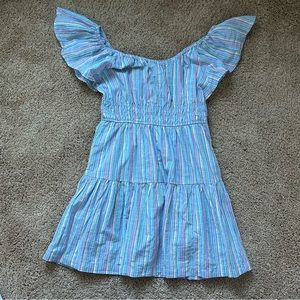 gap blue striped tier dress with ruffle sleeves in size medium petite